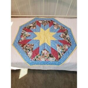VINTAGE HANDMADE OCTAGON QUILT TABLE TOPPER RUG STAR PATTERN CATS STARS